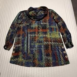 Ali Miles Knit Cowl Neck Multi Color Abstract Print Tunic Top Shirt Sz M Medium